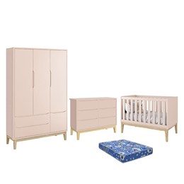 Dormitório Infantil Classic 3 Portas, Cômoda 6 Gavetas, Berço Rosa Fosco com Pés Madeira Natural e Colchão - Reller Móveis