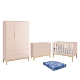 Dormitório Infantil Classic 3 Portas, Cômoda 6 Gavetas, Berço Rosa Fosco com Pés Madeira Natural e Colchão - Reller Móveis Dormitório Infantil Classic 3 Portas, Cômoda 6 Gavetas, Berço Rosa Fosco com Pés Madeira Natural e Colchão - Reller Móveis