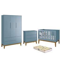 Dormitório Infantil Classic 3 Portas, Cômoda, Berço Azul Fosco com Pés Amadeirado e Colchão D18 - Reller Móveis