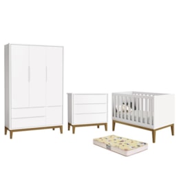 Dormitório Infantil Classic 3 Portas, Cômoda, Berço Branco Fosco com Pés Amadeirado e Colchão D18 - Reller Móveis Dormitório Infantil Classic 3 Portas, Cômoda, Berço Branco Fosco com Pés Amadeirado e Colchão D18 - Reller Móveis