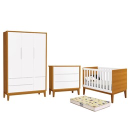 Dormitório Infantil Classic 3 Portas, Cômoda, Berço Branco/Savana com Pés Amadeirado e Colchão D18 - Reller Móveis