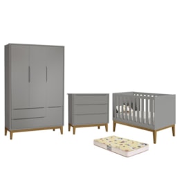 Dormitório Infantil Classic 3 Portas, Cômoda, Berço Cinza Fosco com Pés Amadeirado e Colchão D18 - Reller Móveis Dormitório Infantil Classic 3 Portas, Cômoda, Berço Cinza Fosco com Pés Amadeirado e Colchão D18 - Reller Móveis