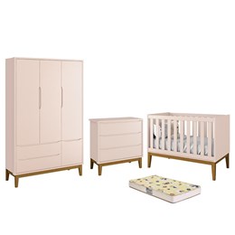 Dormitório Infantil Classic 3 Portas, Cômoda, Berço Rosa Fosco com Pés Amadeirado e Colchão D18 - Reller Móveis