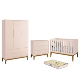 Dormitório Infantil Classic 3 Portas, Cômoda, Berço Rosa Fosco com Pés Amadeirado e Colchão D18 - Reller Móveis Dormitório Infantil Classic 3 Portas, Cômoda, Berço Rosa Fosco com Pés Amadeirado e Colchão D18 - Reller Móveis