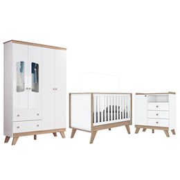Dormitório Infantil Confete com Guarda Roupa, Cômoda e Berço Branco/Jequitibá - Móveis Henn 
