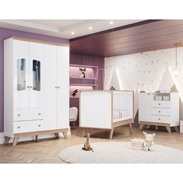 Dormitório Infantil Confete Guarda Roupa, Cômoda, Berço Branco/Jequitibá com Colchão - Móveis Henn 