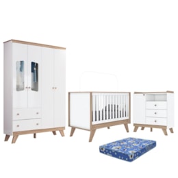 Dormitório Infantil Confete Guarda Roupa, Cômoda, Berço Branco/Jequitibá com Colchão - Móveis Henn Dormitório Infantil Confete Guarda Roupa, Cômoda, Berço Branco/Jequitibá com Colchão - Móveis Henn