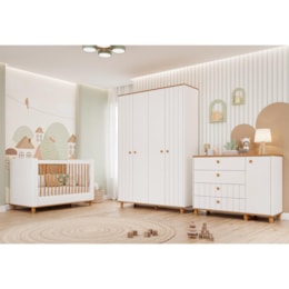 Dormitório Infantil Cupcake Guarda Roupa, Cômoda 1 Porta e Berço Branco Acetinado/Nature com Colchão Physical - Permóbili Baby