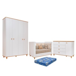 Dormitório Infantil Cupcake Guarda Roupa, Cômoda 1 Porta e Berço Branco Acetinado/Nature com Colchão Physical - Permóbili Baby