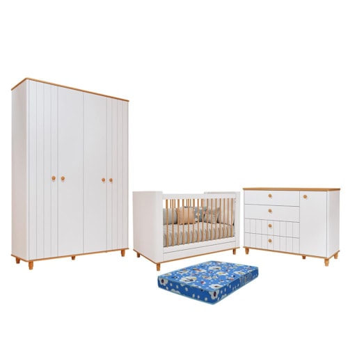 Dormitório Infantil Cupcake Guarda Roupa, Cômoda 1 Porta e Berço Branco Acetinado/Nature com Colchão Physical - Permóbili Baby