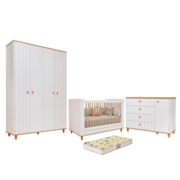 Dormitório Infantil Cupcake Guarda Roupa, Cômoda 1 Porta e Berço Branco Acetinado/Nature com Colchão Supreme - Permóbili Baby
