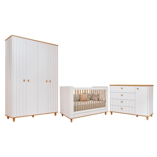 Dormitório Infantil Cupcake Guarda Roupa, Cômoda 1 Porta e Berço Branco Acetinado/Nature - Permóbili Baby
