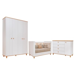 Dormitório Infantil Cupcake Guarda Roupa, Cômoda 1 Porta e Berço Branco Acetinado/Nature - Permóbili Baby