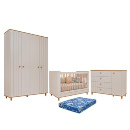 Dormitório Infantil Cupcake Guarda Roupa, Cômoda 1 Porta e Berço Off White/Nature com Colchão Physical - Permóbili Baby
