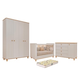 Dormitório Infantil Cupcake Guarda Roupa, Cômoda 1 Porta e Berço Off White/Nature com Colchão Supreme - Permóbili Baby