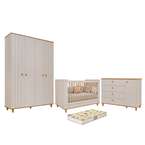 Dormitório Infantil Cupcake Guarda Roupa, Cômoda 1 Porta e Berço Off White/Nature com Colchão Supreme - Permóbili Baby