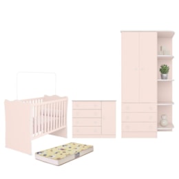 Dormitório Infantil Doce Sonho 2 Portas, Cômoda 1 Porta, Berço Rosa Acetinado e Colchão - Qmovi