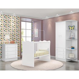 Dormitório Infantil Doce Sonho 2 Portas, Cômoda 4 Gavetas e Berço Branco - Qmovi 