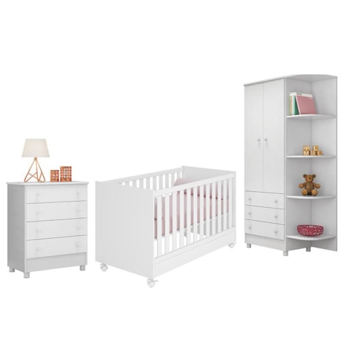 Dormitório Infantil Doce Sonho 2 Portas, Cômoda 4 Gavetas e Berço Mini Cama Branco com Rodízio - Qmovi 