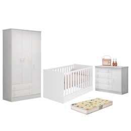 Dormitório Infantil Doce Sonho 3 Portas, Cômoda 1 Porta, Berço Mini Cama Branco e Colchão - Qmovi  Dormitório Infantil Doce Sonho 3 Portas, Cômoda 1 Porta, Berço Mini Cama Branco e Colchão - Qmovi
