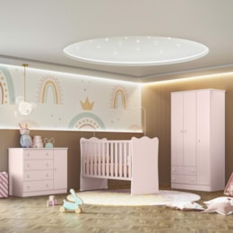 Dormitório Infantil Doce Sonho 3 Portas, Cômoda 1 Porta, Berço Rosa Acetinado e Colchão - Qmovi