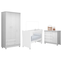 Dormitório Infantil Doce Sonho 3 Portas, Cômoda 1 Porta e Berço Branco com Rodízio - Qmovi Dormitório Infantil Doce Sonho 3 Portas, Cômoda 1 Porta e Berço Branco com Rodízio - Qmovi