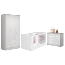 Dormitório Infantil Doce Sonho 3 Portas, Cômoda 1 Porta e Berço Mini Cama Branco - Qmovi  Dormitório Infantil Doce Sonho 3 Portas, Cômoda 1 Porta e Berço Mini Cama Branco - Qmovi
