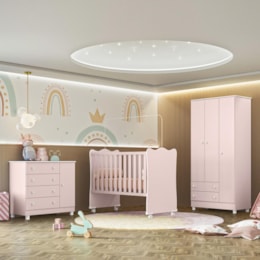 Dormitório Infantil Doce Sonho 3 Portas, Cômoda 1 Porta e Berço Rosa Acetinado com Rodízio - Qmovi Dormitório Infantil Doce Sonho 3 Portas, Cômoda 1 Porta e Berço Rosa Acetinado com Rodízio - Qmovi