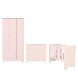 Dormitório Infantil Doce Sonho 3 Portas, Cômoda 1 Porta e Berço Rosa Acetinado com Rodízio - Qmovi Dormitório Infantil Doce Sonho 3 Portas, Cômoda 1 Porta e Berço Rosa Acetinado com Rodízio - Qmovi