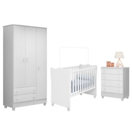 Dormitório Infantil Doce Sonho 3 Portas, Cômoda 4 Gavetas e Berço Branco com Rodízio - Qmovi Dormitório Infantil Doce Sonho 3 Portas, Cômoda 4 Gavetas e Berço Branco com Rodízio - Qmovi