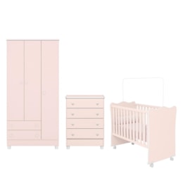 Dormitório Infantil Doce Sonho 3 Portas, Cômoda 4 Gavetas e Berço Rosa Acetinado com Rodízio - Qmovi Dormitório Infantil Doce Sonho 3 Portas, Cômoda 4 Gavetas e Berço Rosa Acetinado com Rodízio - Qmovi