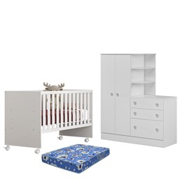 Dormitório Infantil Doce Sonho Guarda Roupa com Cômoda, Berço Reto Branco e Colchão Physical - Qmovi  