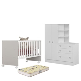 Dormitório Infantil Doce Sonho Guarda Roupa com Cômoda, Berço Reto Branco e Colchão Supreme - Qmovi   Dormitório Infantil Doce Sonho Guarda Roupa com Cômoda, Berço Reto Branco e Colchão Supreme - Qmovi