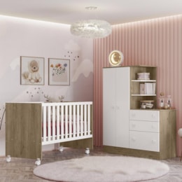 Dormitório Infantil Doce Sonho Guarda Roupa com Cômoda, Berço Reto Carvalho/Branco e Colchão Physical - Qmovi   Dormitório Infantil Doce Sonho Guarda Roupa com Cômoda, Berço Reto Carvalho/Branco e Colchão Physical - Qmovi