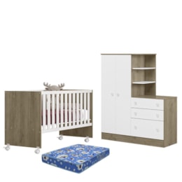 Dormitório Infantil Doce Sonho Guarda Roupa com Cômoda, Berço Reto Carvalho/Branco e Colchão Physical - Qmovi   Dormitório Infantil Doce Sonho Guarda Roupa com Cômoda, Berço Reto Carvalho/Branco e Colchão Physical - Qmovi