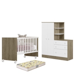 Dormitório Infantil Doce Sonho Guarda Roupa com Cômoda, Berço Reto Carvalho/Branco e Colchão Supreme - Qmovi   Dormitório Infantil Doce Sonho Guarda Roupa com Cômoda, Berço Reto Carvalho/Branco e Colchão Supreme - Qmovi