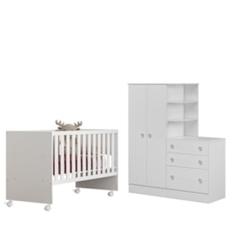 Dormitório Infantil Doce Sonho Guarda Roupa com Cômoda e Berço Reto Branco - Qmovi   Dormitório Infantil Doce Sonho Guarda Roupa com Cômoda e Berço Reto Branco - Qmovi