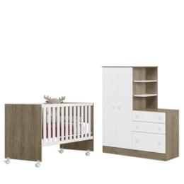 Dormitório Infantil Doce Sonho Guarda Roupa com Cômoda e Berço Reto Carvalho/Branco - Qmovi   Dormitório Infantil Doce Sonho Guarda Roupa com Cômoda e Berço Reto Carvalho/Branco - Qmovi
