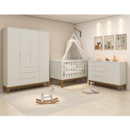 Dormitório Infantil Elfe Classic Guarda Roupa, Cômoda 1 Porta, Berço Noah Areia Pés Amadeirado e Colchão - Reller Móveis  Dormitório Infantil Elfe Classic Guarda Roupa, Cômoda 1 Porta, Berço Noah Areia Pés Amadeirado e Colchão - Reller Móveis