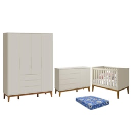 Dormitório Infantil Elfe Classic Guarda Roupa, Cômoda 1 Porta, Berço Noah Areia Pés Amadeirado e Colchão - Reller Móveis  Dormitório Infantil Elfe Classic Guarda Roupa, Cômoda 1 Porta, Berço Noah Areia Pés Amadeirado e Colchão - Reller Móveis