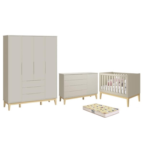 Dormitório Infantil Elfe Classic Guarda Roupa, Cômoda 1 Porta, Berço Noah Areia Pés Madeira Natural e Colchão D18 - Reller Móveis 