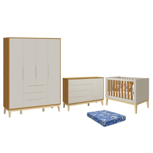 Dormitório Infantil Elfe Classic Guarda Roupa, Cômoda 1 Porta, Berço Noah Areia/Savana Pés Madeira Natural e Colchão - Reller Móveis 