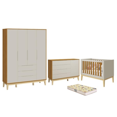 Dormitório Infantil Elfe Classic Guarda Roupa, Cômoda 1 Porta, Berço Noah Areia/Savana Pés Madeira Natural e Colchão D18 - Reller Móveis 