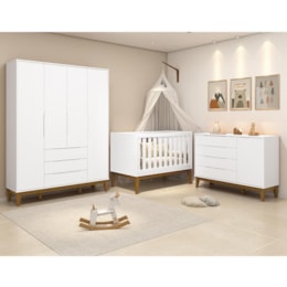 Dormitório Infantil Elfe Classic Guarda Roupa, Cômoda 1 Porta, Berço Noah Branco Pés Amadeirado e Colchão - Reller Móveis 