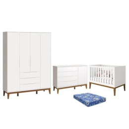 Dormitório Infantil Elfe Classic Guarda Roupa, Cômoda 1 Porta, Berço Noah Branco Pés Amadeirado e Colchão - Reller Móveis  Dormitório Infantil Elfe Classic Guarda Roupa, Cômoda 1 Porta, Berço Noah Branco Pés Amadeirado e Colchão - Reller Móveis