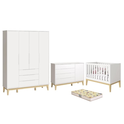 Dormitório Infantil Elfe Classic Guarda Roupa, Cômoda 1 Porta, Berço Noah Branco Pés Madeira Natural e Colchão D18 - Reller Móveis 