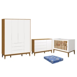 Dormitório Infantil Elfe Classic Guarda Roupa, Cômoda 1 Porta, Berço Noah Branco/Savana Pés Amadeirado e Colchão - Reller Móveis 