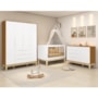 Dormitório Infantil Elfe Classic Guarda Roupa, Cômoda 1 Porta, Berço Noah Branco/Savana Pés Madeira Natural e Colchão D18 - Reller Móveis