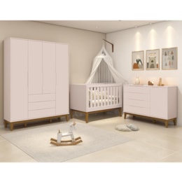 Dormitório Infantil Elfe Classic Guarda Roupa, Cômoda 1 Porta, Berço Noah Rosa Pés Amadeirado e Colchão - Reller Móveis  Dormitório Infantil Elfe Classic Guarda Roupa, Cômoda 1 Porta, Berço Noah Rosa Pés Amadeirado e Colchão - Reller Móveis