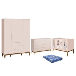 Dormitório Infantil Elfe Classic Guarda Roupa, Cômoda 1 Porta, Berço Noah Rosa Pés Amadeirado e Colchão - Reller Móveis  Dormitório Infantil Elfe Classic Guarda Roupa, Cômoda 1 Porta, Berço Noah Rosa Pés Amadeirado e Colchão - Reller Móveis